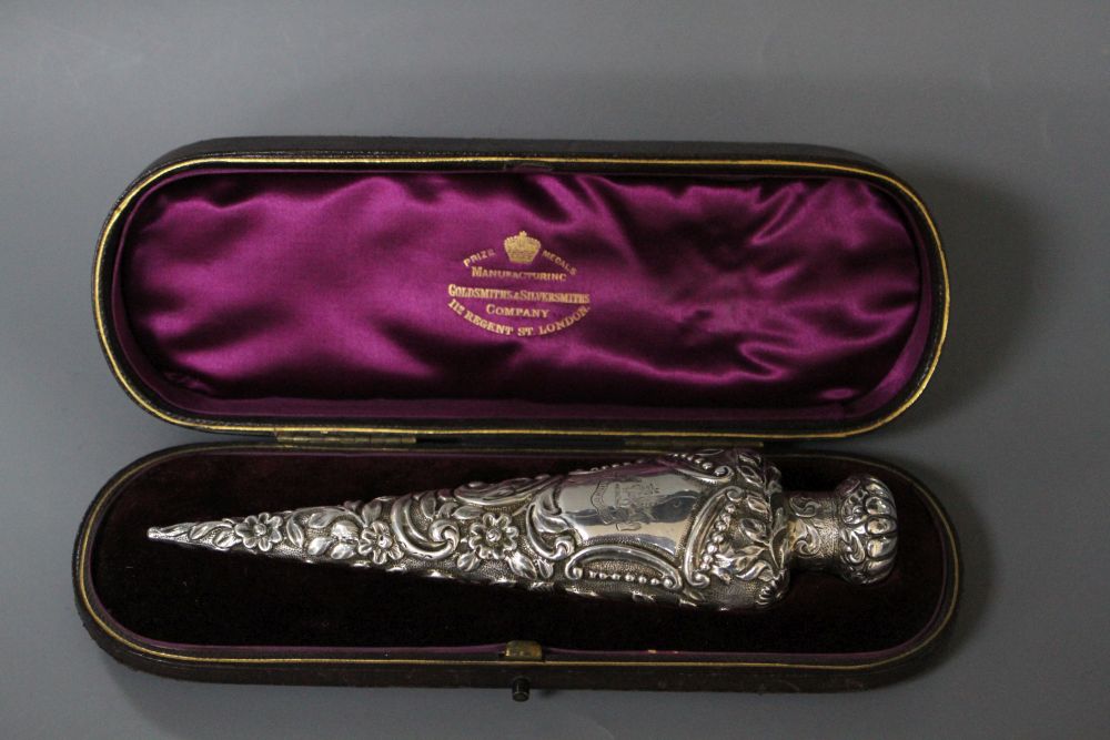 A Late Victorian silver mounted perfume bottle, in Goldsmith & Silversmith box, by Horton and Allday, Birmingham 1890